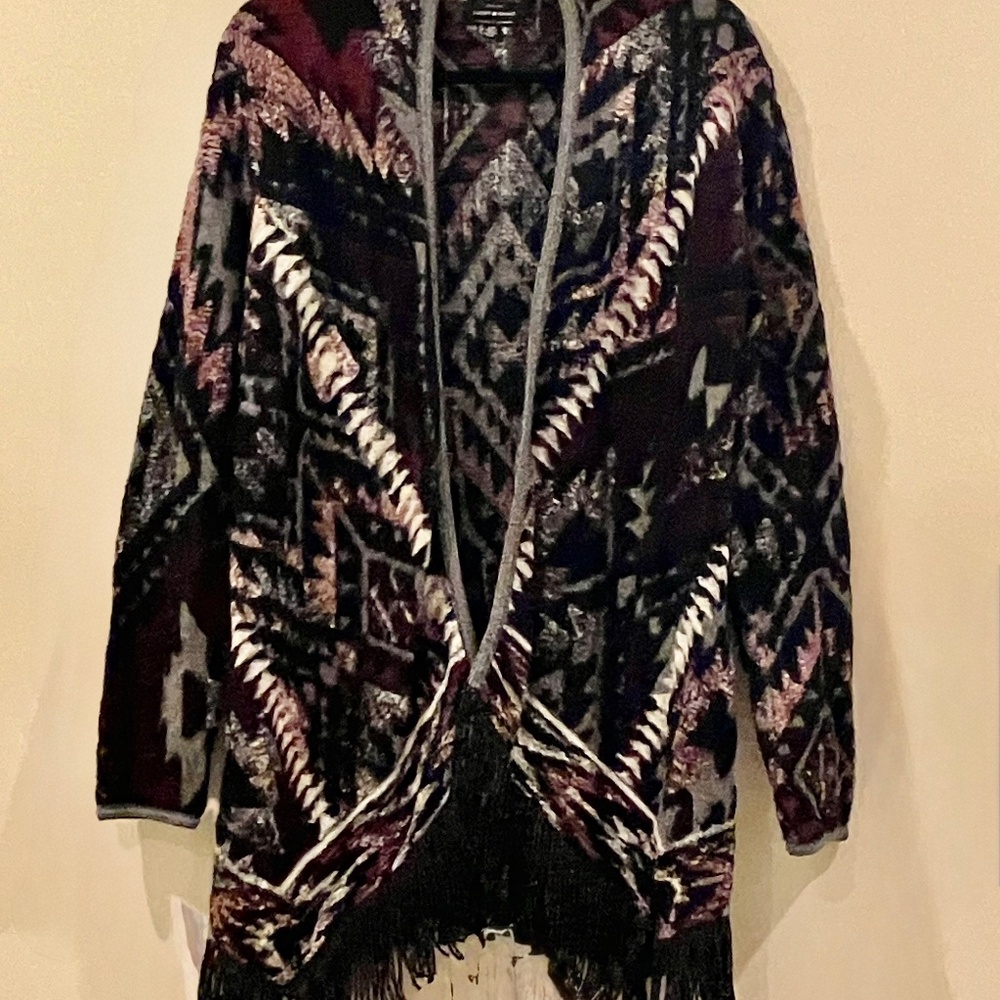 Lucky Brand Women’s Aztec Drape Fringe Cardigan Sweater S Maroon / Gray / Black